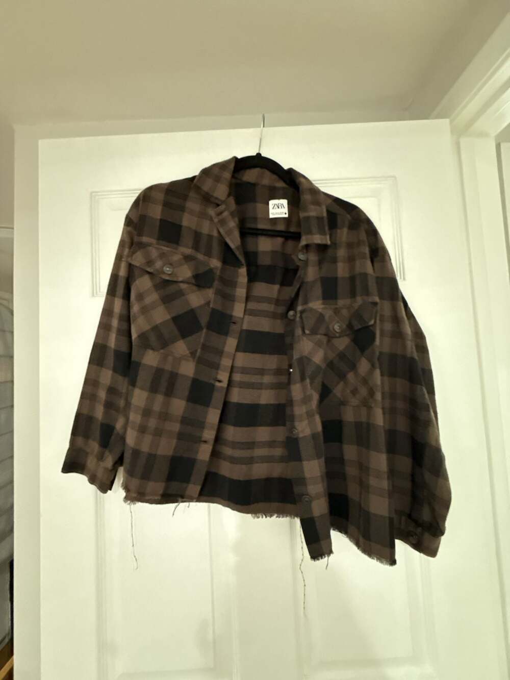 Zara Womens Collared Crop Shirt XS Brown Plaid Frayed Hem Texas 8566/042 5262